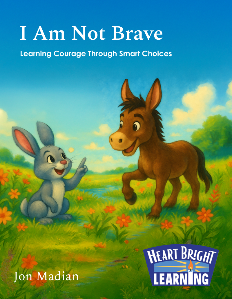 Book cover of 'I Am Not Brave' featuring a rabbit and donkey in a field with a blue sky.